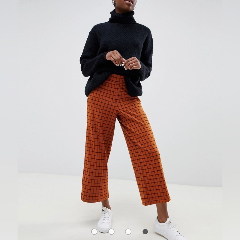 ASOS Wide Leg Culotte Windowpane Pants in Rust - Picture 1 of 13